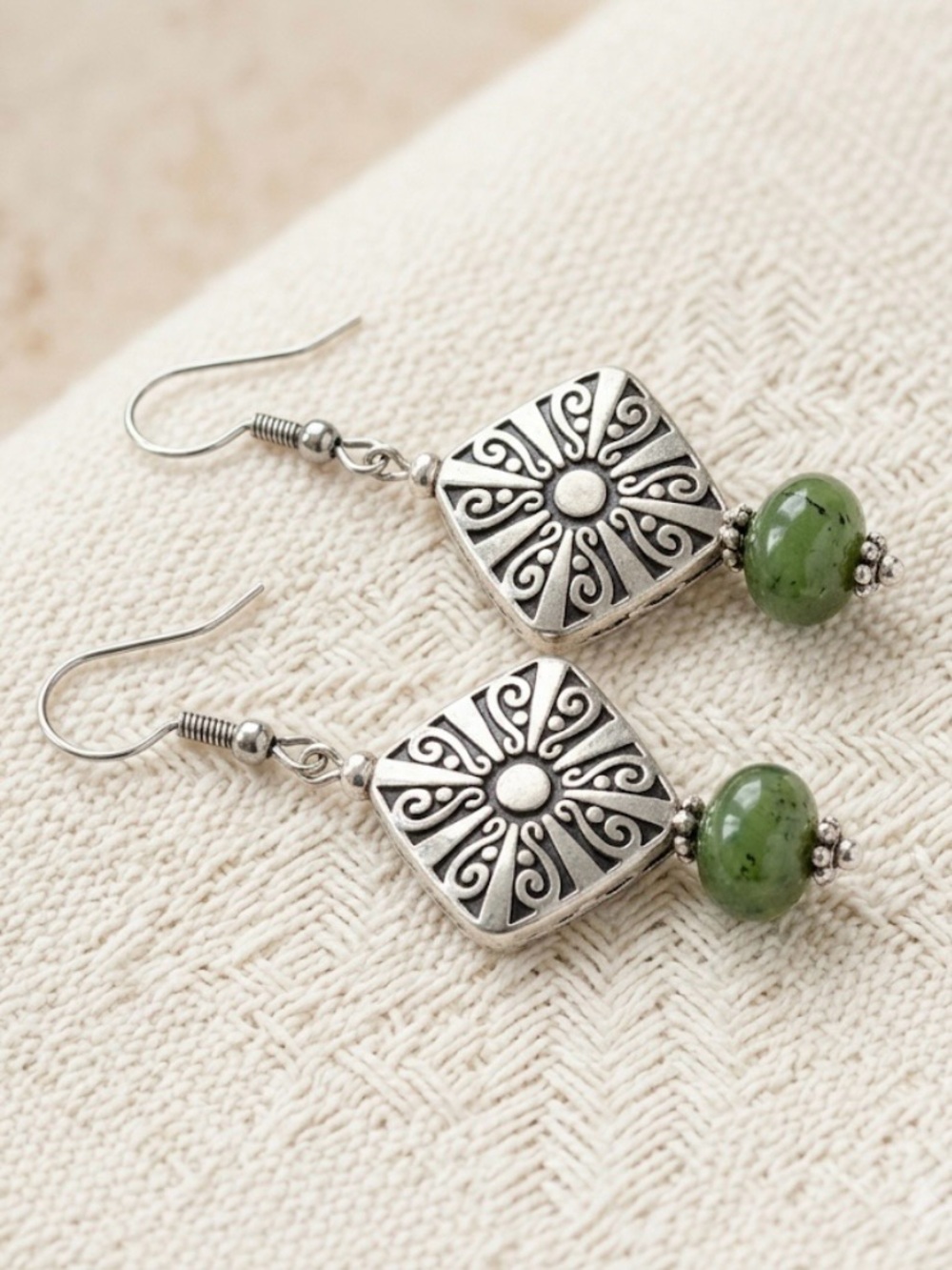 Hand Crafted Silver Southwestern Medallion & Moss Green Jade Earrings NWT